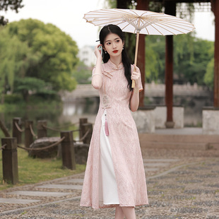 改良旗袍女2023年新款年轻款中袖高端气质春夏季连衣裙中国风蕾丝