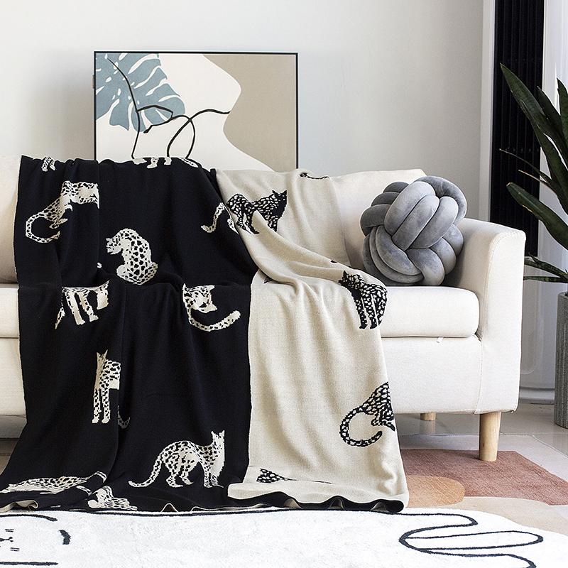 复古双层豹子提花针织毯黑白客厅沙发