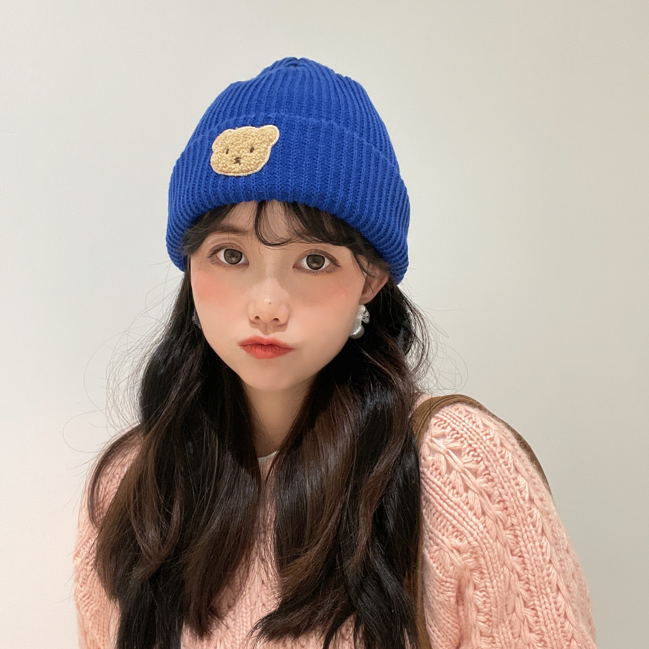 保暖毛线帽女秋冬炒鸡显白的克莱因蓝色帽子显脸小小熊针织帽冷帽