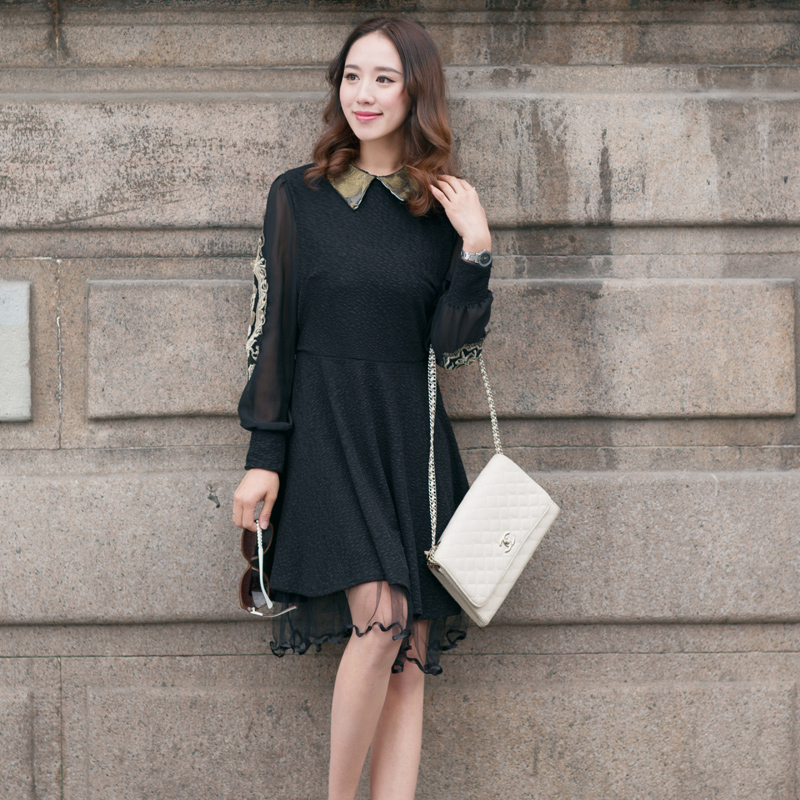 2018春秋新款女装大码胖mm中长款长袖打底显瘦休闲大摆网纱连衣裙