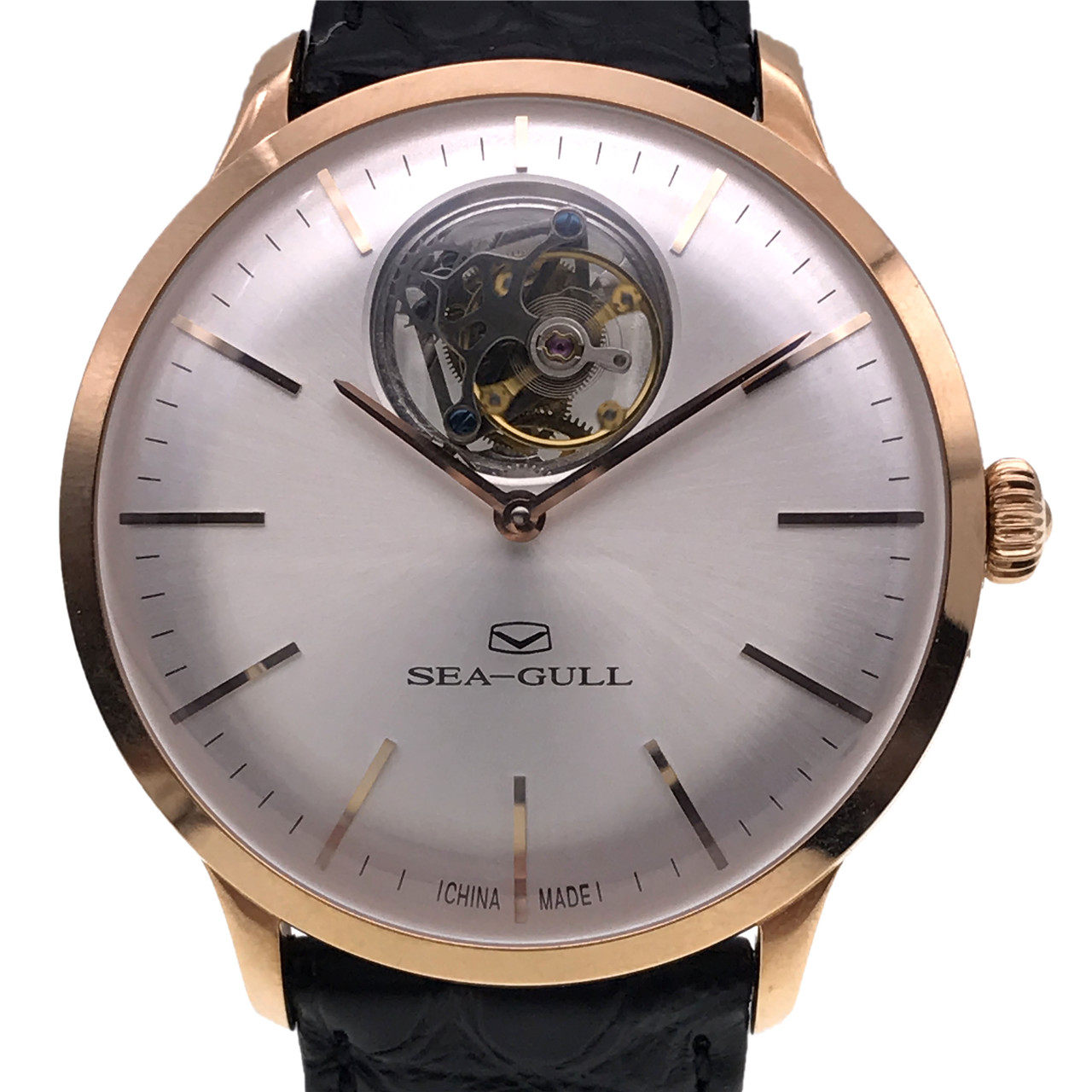 9新]海鸥陀飞轮表系列18k玫瑰金皮带手动机械男表618.663