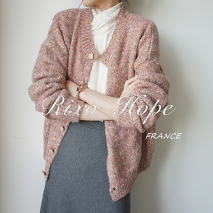 GG。RIXO HOPE法式温柔风粉色宽松针织开衫女冬复古甜美羊毛毛衣