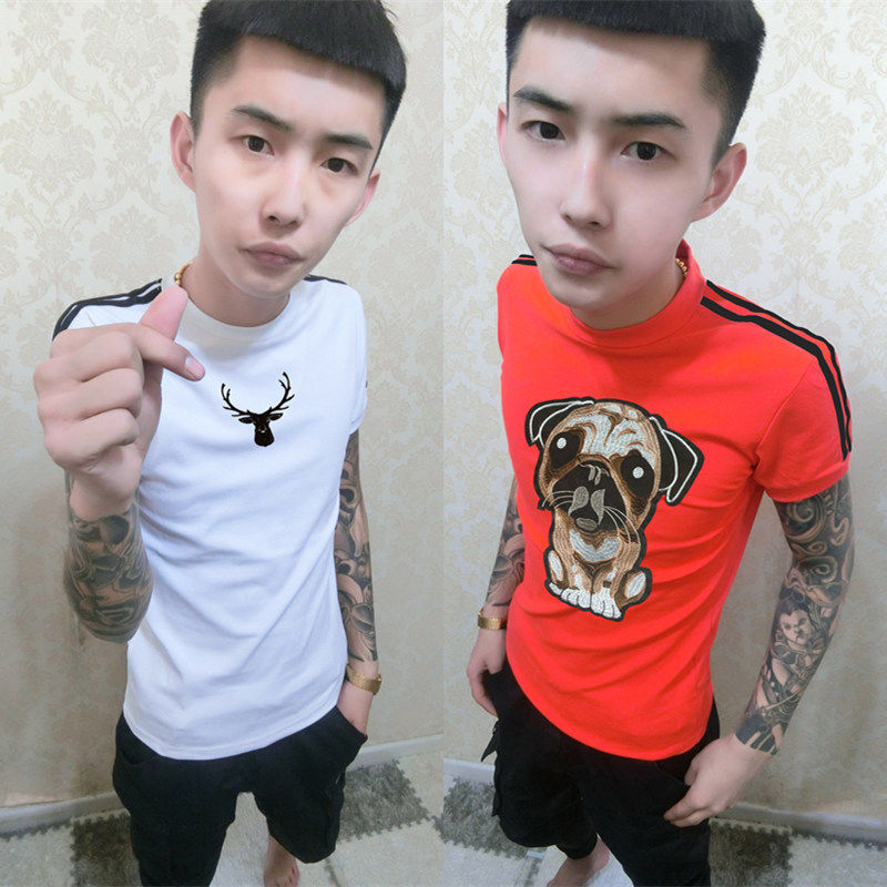 社会精神小伙短袖 红人_夏季衣服网红t恤男快手红人紧身精神社会小伙