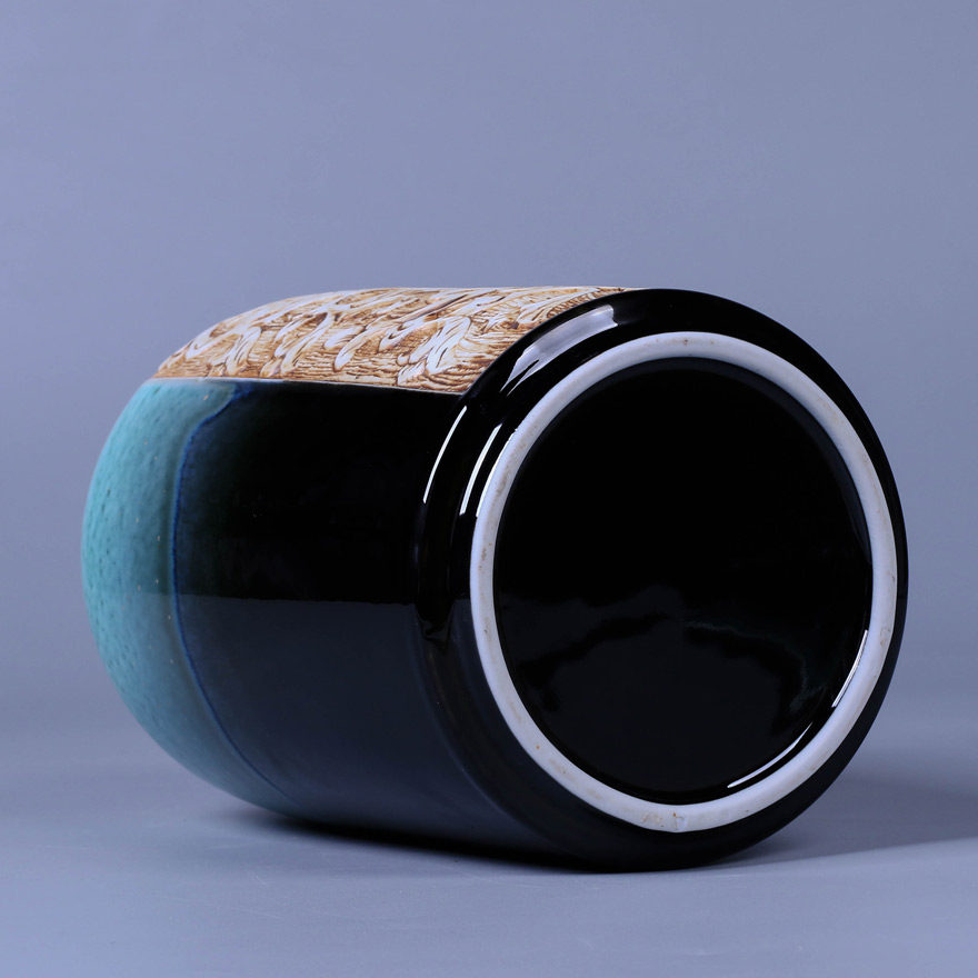 高温色釉开光花卉罐 景德镇高级陶瓷美术师