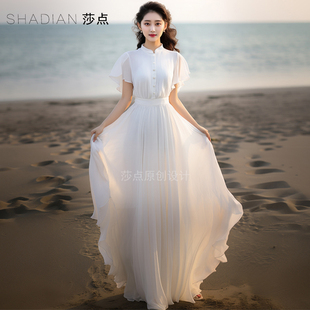夏天度假连衣裙白色超仙长裙到脚踝收腰大摆裙名媛气质海边沙滩裙