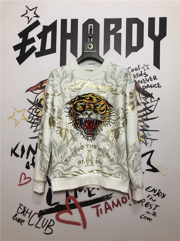 正品代购潮牌edhardy埃德哈迪男女同款卫衣裤套装烫钻老虎头玫瑰