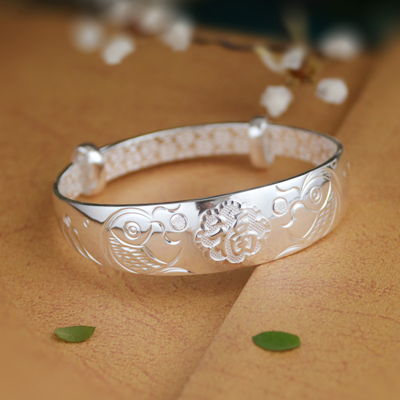 银手镯女9999足银福字宽面推拉纯银镯子双鱼中年款送妈妈长辈礼物