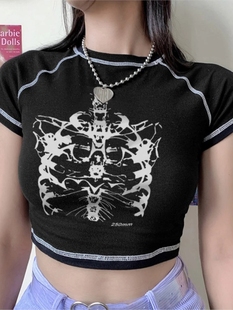 Aesthetic skeleton women's T-shirt Harajuku Y2K black sweet