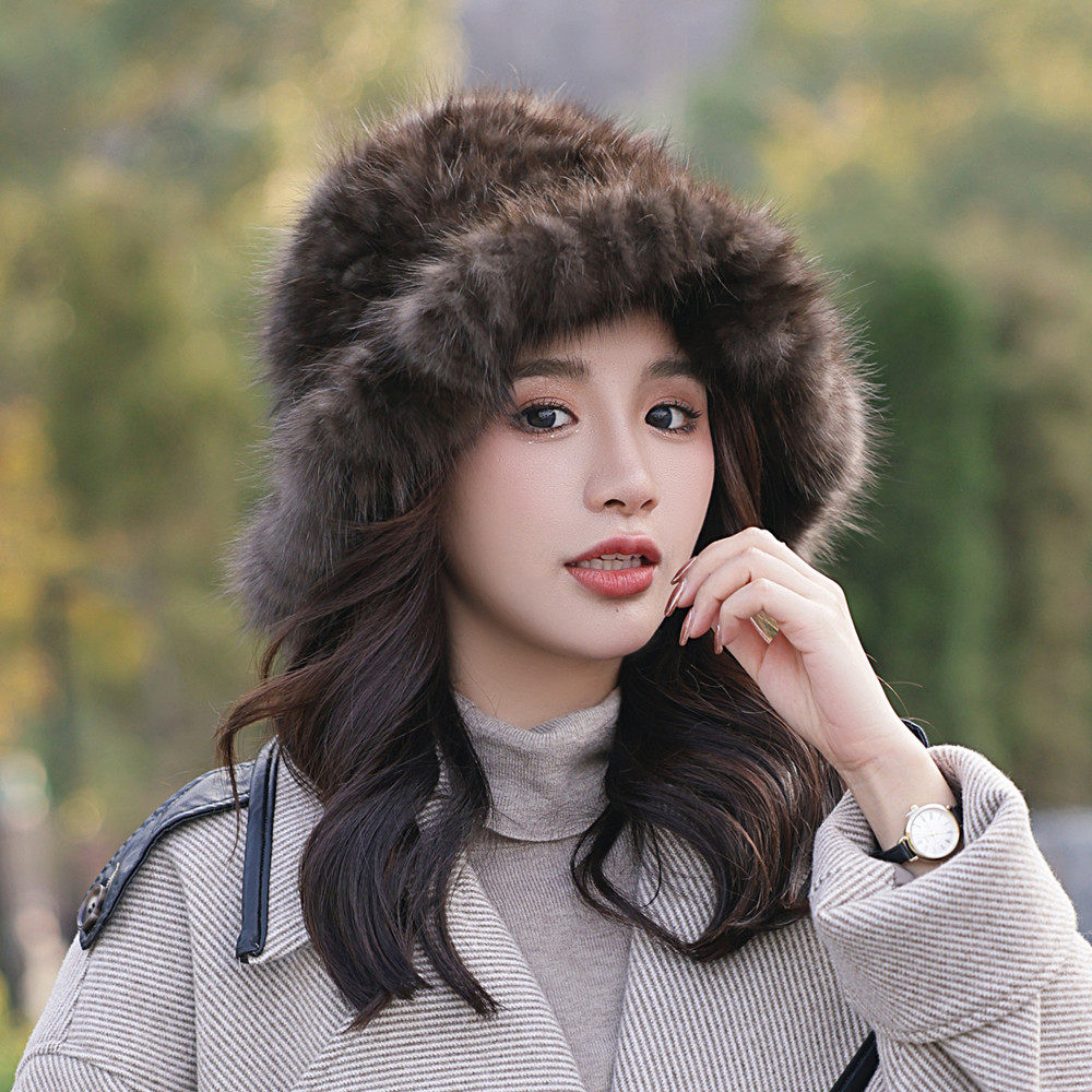紫貂帽子女冬季皮草毛毛帽子水貂貂毛优雅气质渔夫盆帽礼帽显脸小