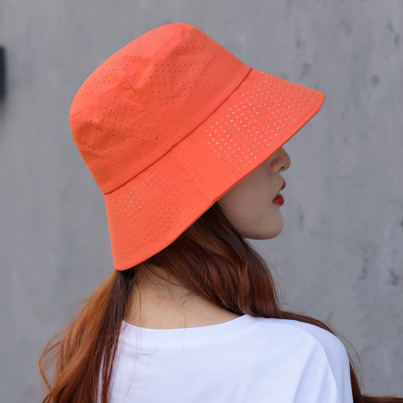 渔夫帽女夏季防晒遮阳帽透气网眼网帽百搭休闲帽子女士橘色太阳帽