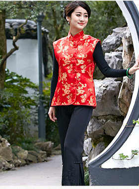 新款过年唐装红马甲秋民族风薄款马夹喜庆缎子坎肩中国红背心演出