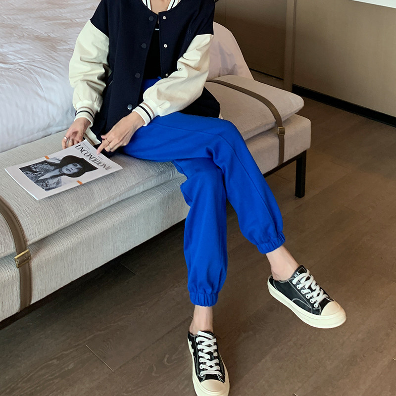 蓝色运动裤女春秋冬薄款宽松束脚显瘦美式哈伦裤休闲高腰抽绳卫裤