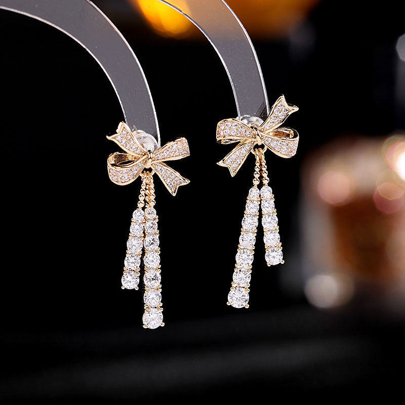 高级感韩国东大门耳饰小众设计镶锆石耳环s925银针法式蝴蝶结耳钉