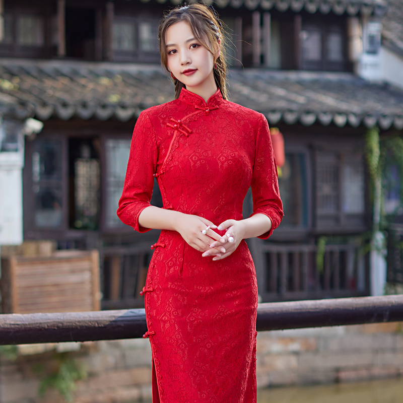 复古中式旗袍裙红色蕾丝中长款过膝小个子修身年轻时尚秋宴会走秀