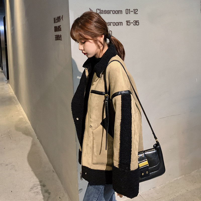 皮毛一体外套女羊羔毛2020冬季鹿皮绒小个子羊羔绒加厚短款机车服