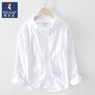 啄木鸟男士纯棉长袖衬衫日系休闲白色上衣服日系潮流纯色百搭衬衣
