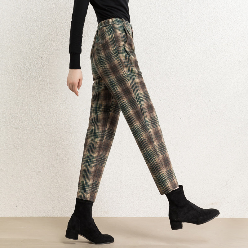 毛呢格子裤女秋冬休闲哈伦裤羊毛呢裤子女2021新款九分女裤萝卜裤