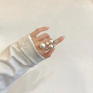 欧美设计款镶钻珍珠不规则开口戒指食指戒 网红个性冷淡风女