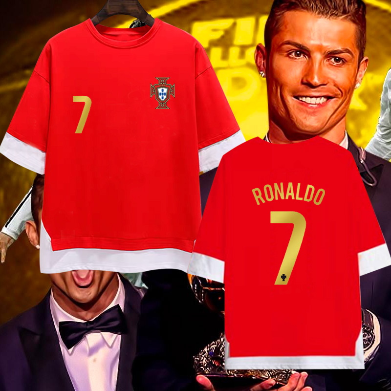 2021欧洲杯t恤葡萄牙队服c罗7号国家队球衣足球运动假两件五分袖