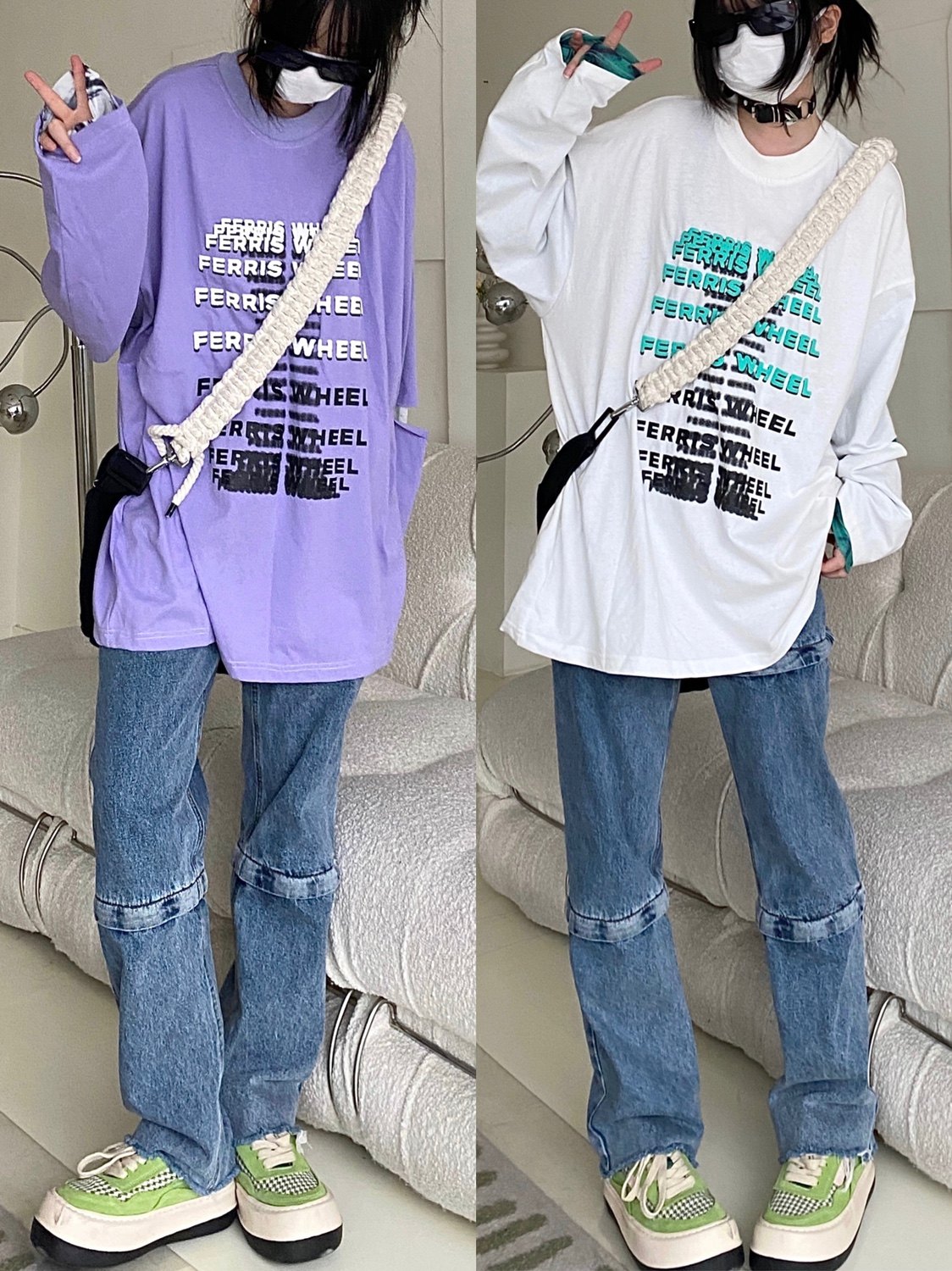 takeoff咖喱人春季拼接假两件宽松涂鸦卫衣长袖t恤男女潮学生百搭