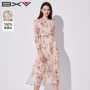 BXV法式碎花100%桑蚕丝连衣裙女2024夏季新款印花度假真丝长裙仙