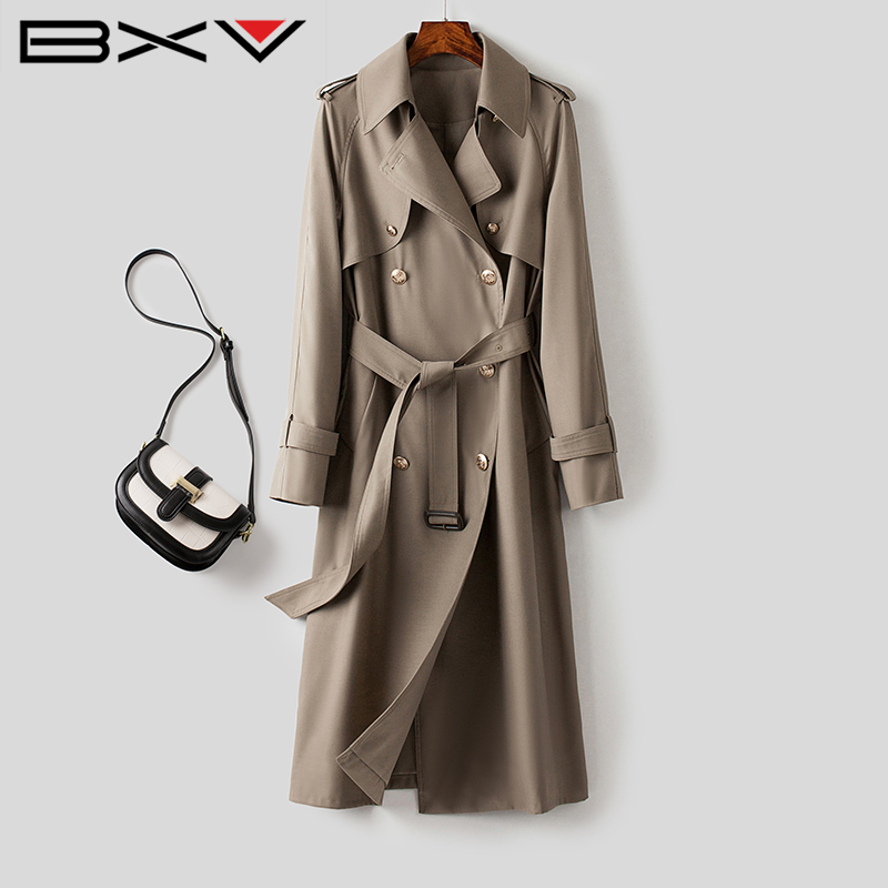 BXV灰色系带风衣女中长款2024秋季新款双排扣英伦风外套高级感潮