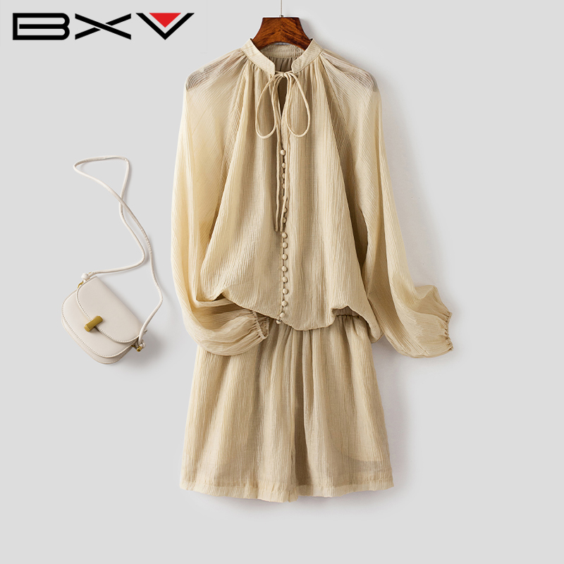 BXV慵懒天丝时尚套装2024夏季女装衬衫阔腿短裤两件套薄款肌理感