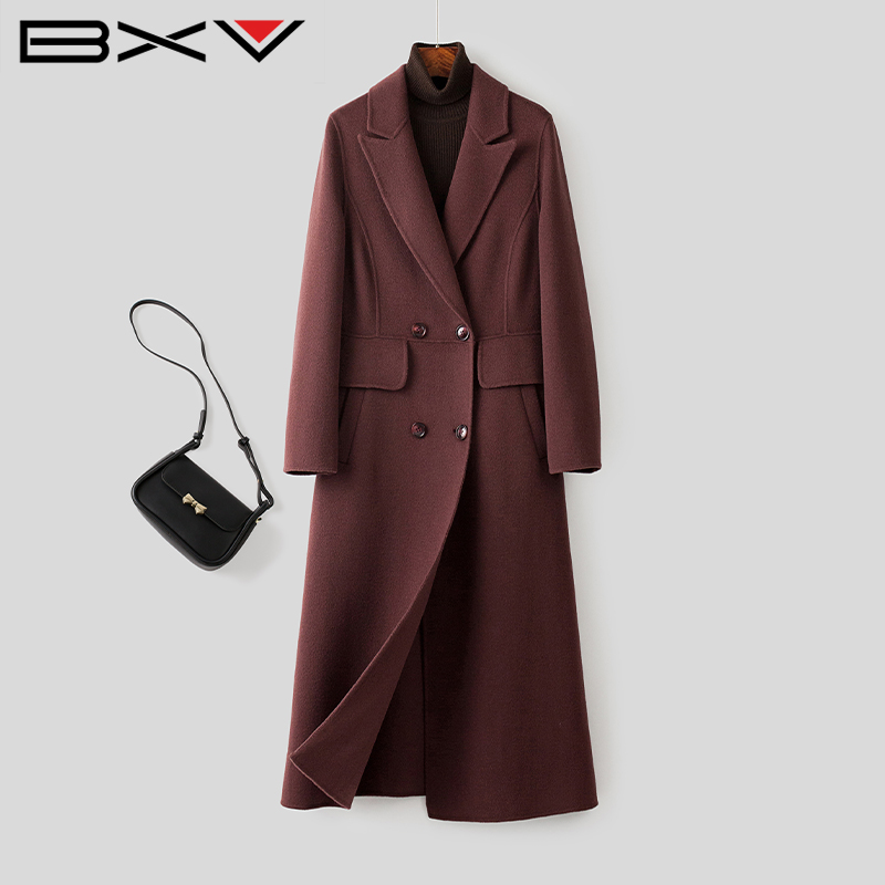 BXV紫色双面羊绒大衣女中长款20