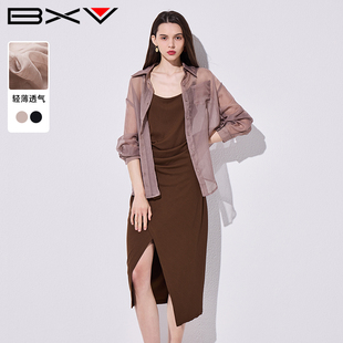 BXV开衩连衣裙防晒衬衫套装女2024夏季新款雪纺衬衣吊带裙两件套