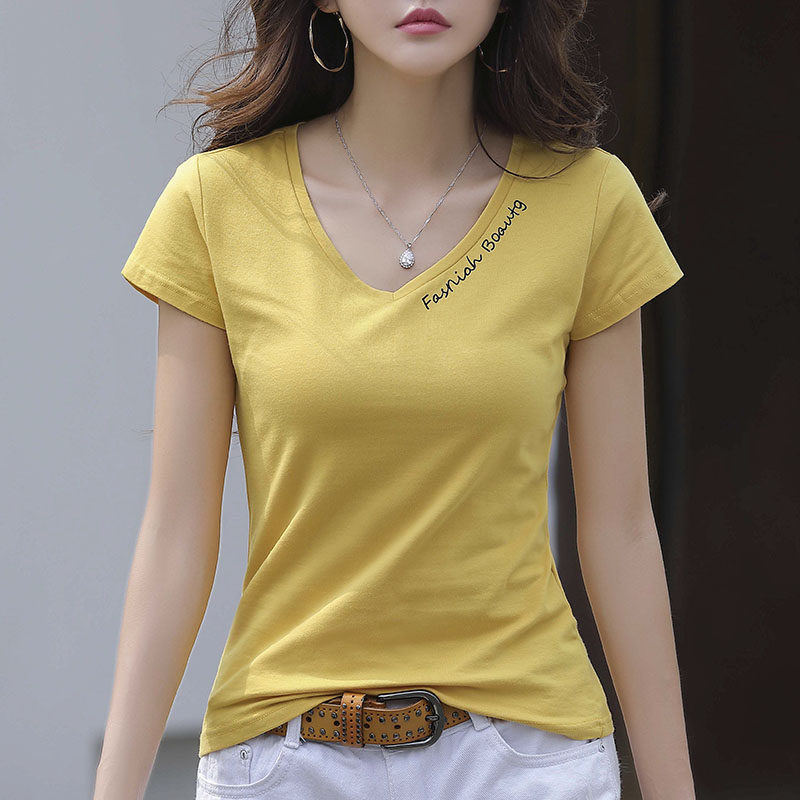 黄色v领短袖t恤女2022新款韩版鸡心领纯棉丅桖半袖修身紧身上衣黑
