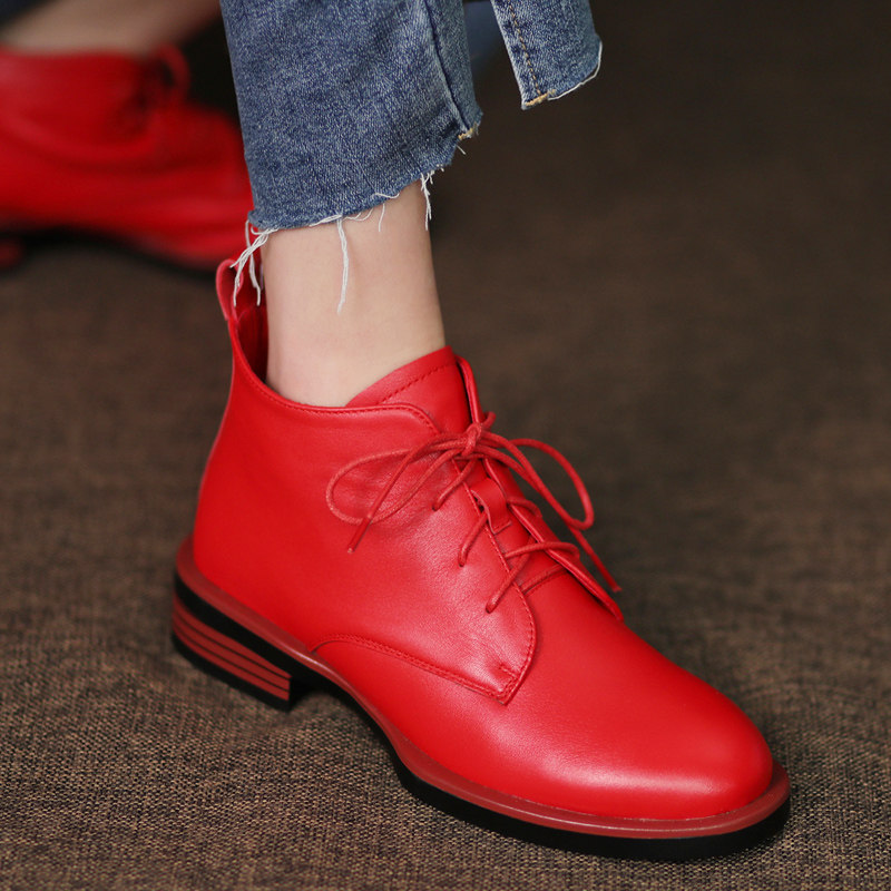 秋冬圆头红色皮鞋女真皮系带马丁靴平底短靴短筒单靴及裸靴婚靴子