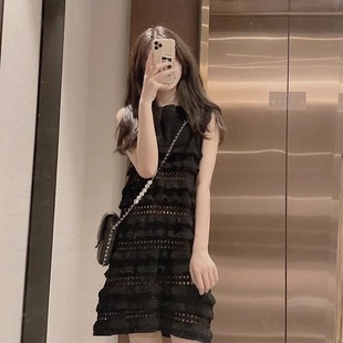 GG。FAshi 黑色无袖连衣裙女新款夏季赫本风甜美显瘦法式镂空蛋糕