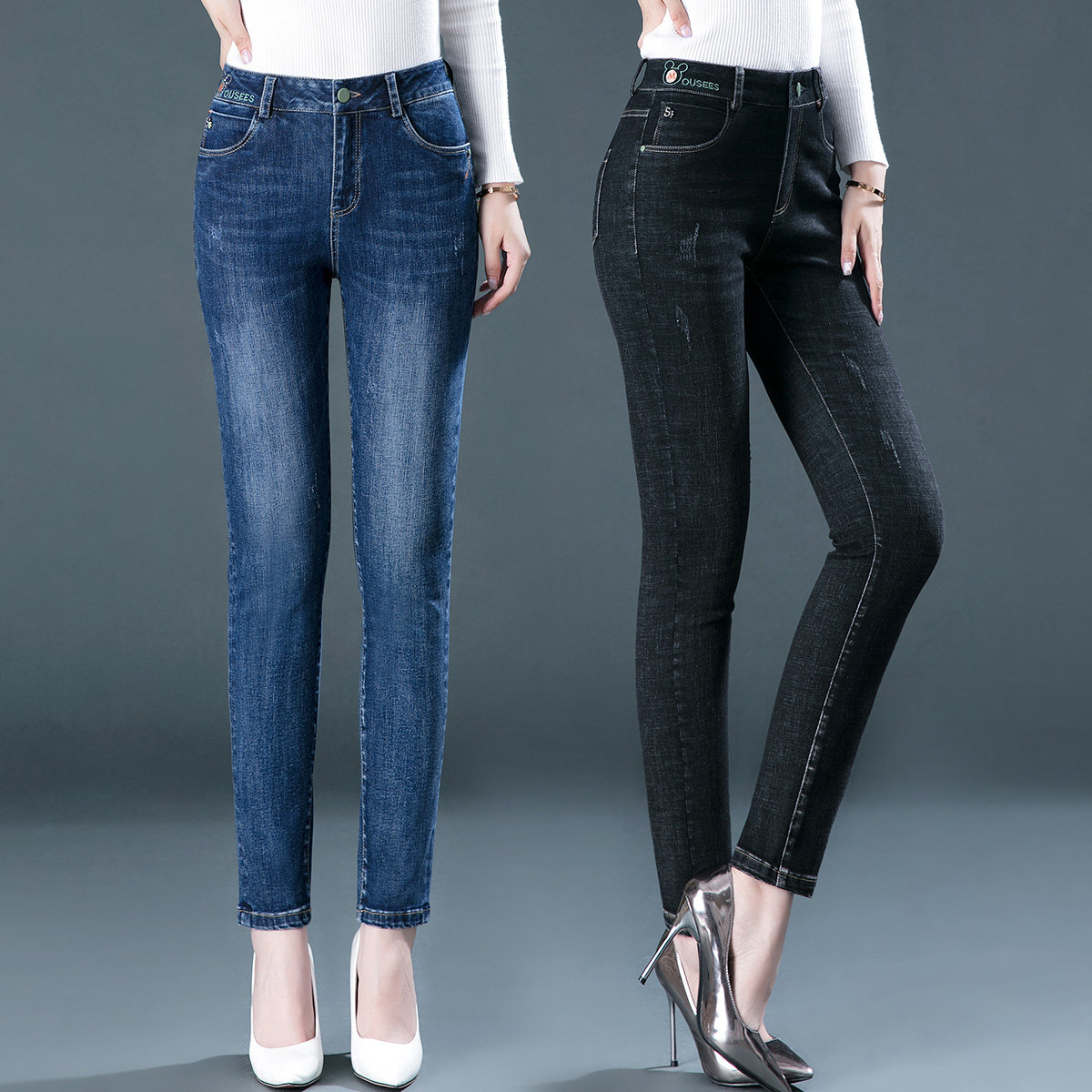 春季厚款女士大码牛仔裤高弹力显瘦小脚长裤春秋款中年妈妈女裤子