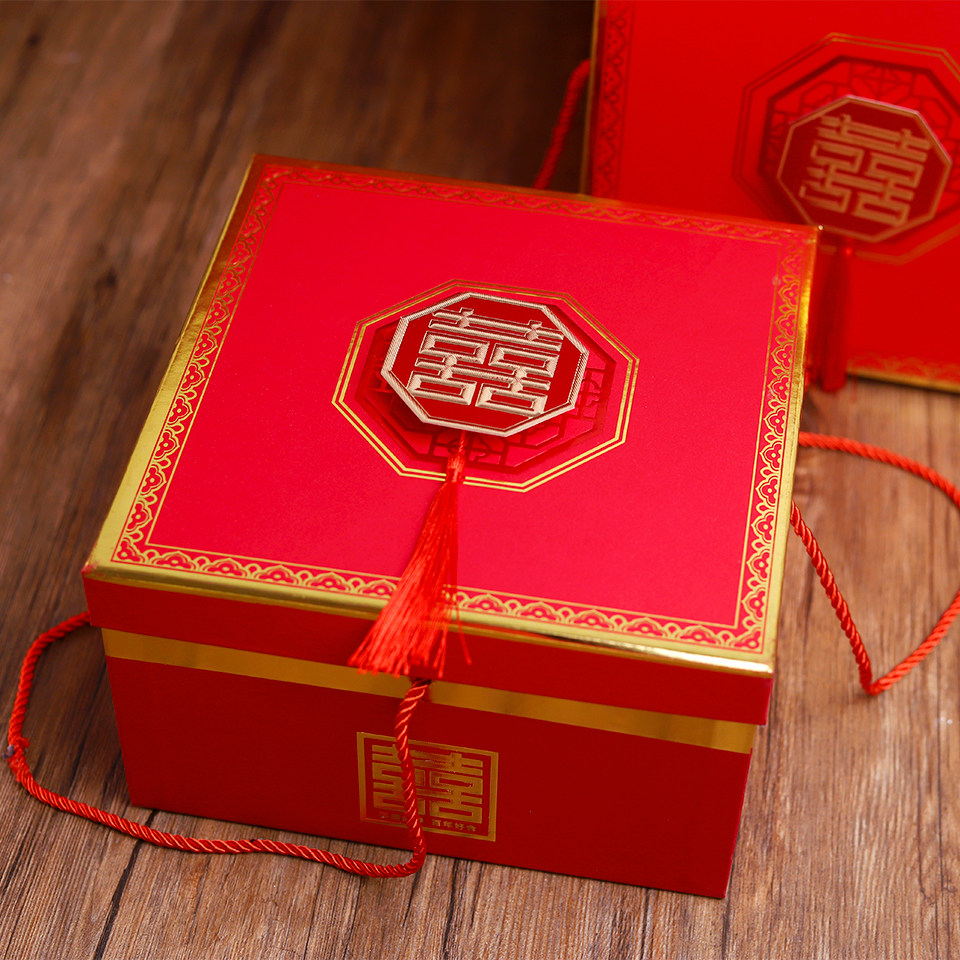 中国红流苏古典风中式立体喜字婚礼镂空手拎绳四方盒伴手礼回礼盒