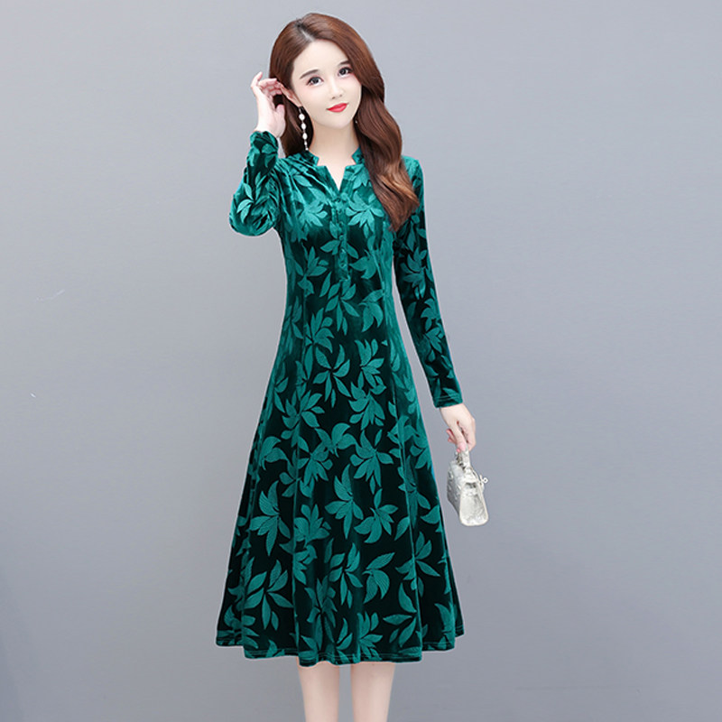 2021年新款春秋季v领中年妈妈高贵洋气秋装秋款减龄长袖连衣裙