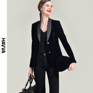 HAVVA2024春季新款黑色西装上衣女修身气质短款丝绒西服外套B1561