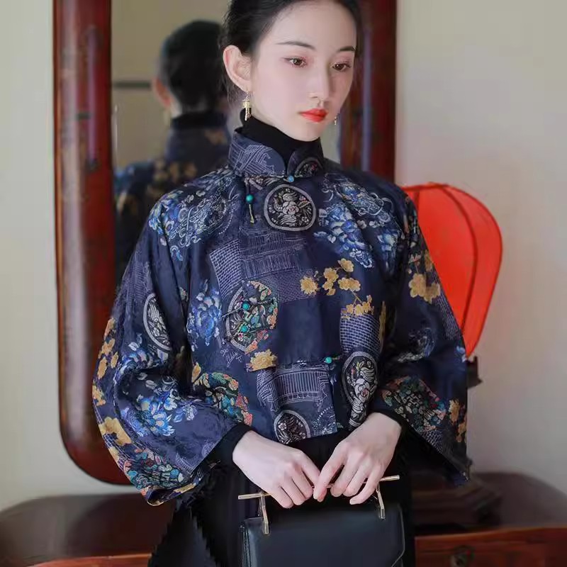 2023女士古典印花女中式汉服短襦古风春秋衬衫类短上衣古法倒大袖