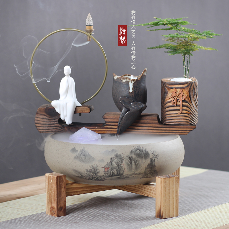 陶瓷小型流水加湿器桌面创意室内新中式摆件招财家居客厅软装饰品