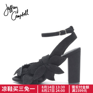 美國紀梵希首飾便宜 美國Jeffrey Campbell2020新款黑色花朵裝飾魚嘴裸帶粗高跟涼鞋 紀梵希髮飾