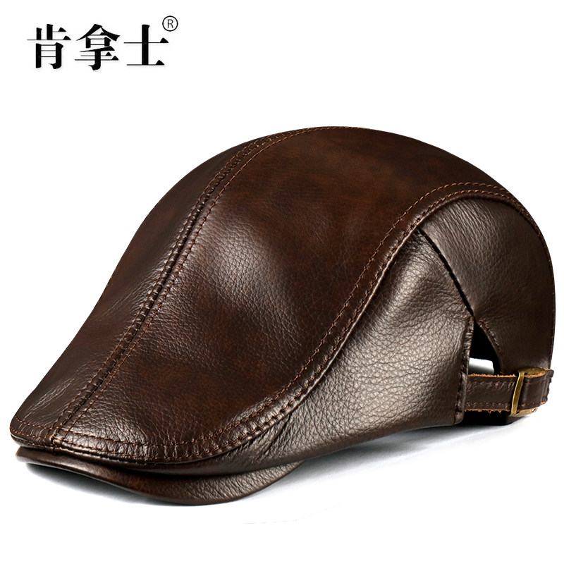 皮帽男春秋潮真皮贝雷帽薄款女牛皮帽子前进帽体闲中老年鸭舌帽