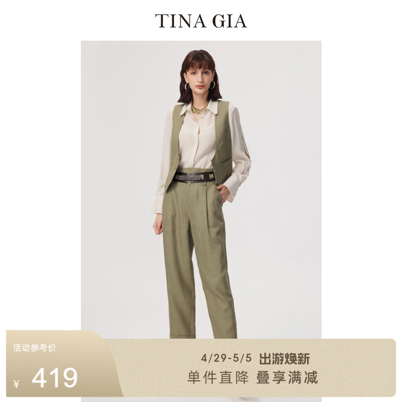 TINAGIA天纳吉儿春夏麻混纺复古清新绿色女上衣马夹