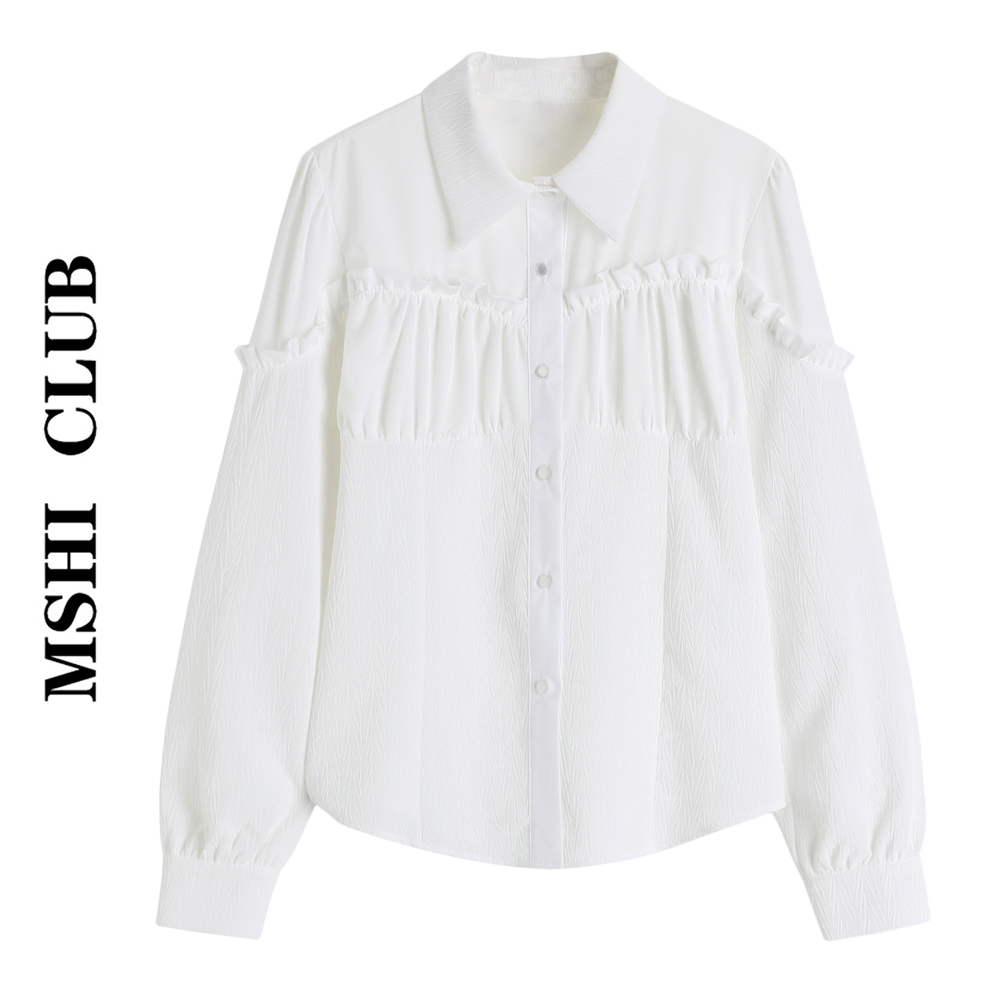 mshiclub2022年春季气质百搭白衬衫长袖设计感小众收腰白色衬衣