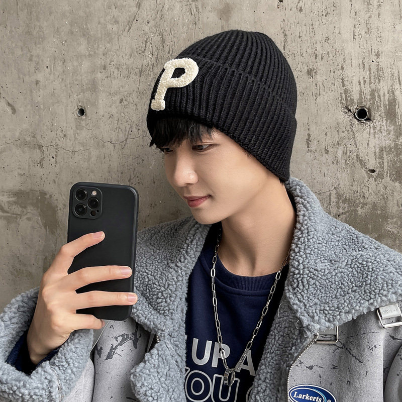 日系ins字母嘻哈针织帽黑色毛线帽子男冬季潮牌保暖舒适套头冷帽