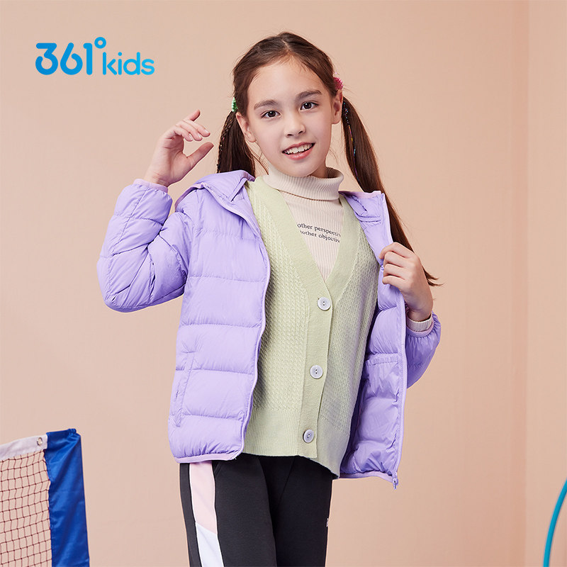 361度童装儿童轻薄羽绒服白鸭绒保暖女童中大童冬季连帽短款外套