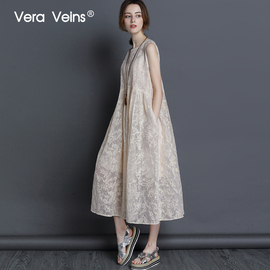 VeraVeins2019夏季新款宽松中长款绣花真丝欧根纱无袖背心连衣裙