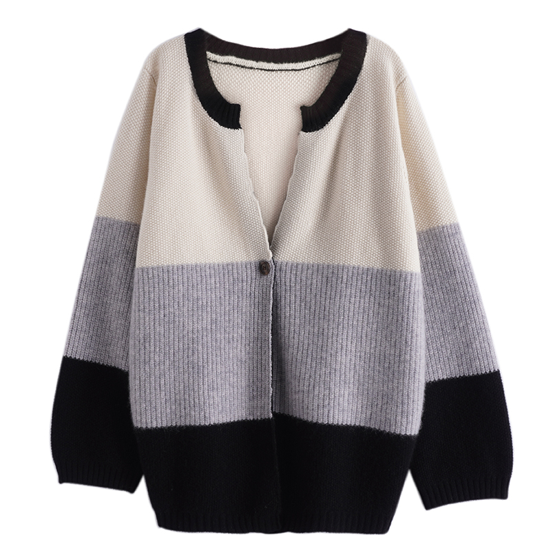 100纯山羊绒圆领拼色一粒扣针织开衫女新款加厚加厚长袖毛衣外套