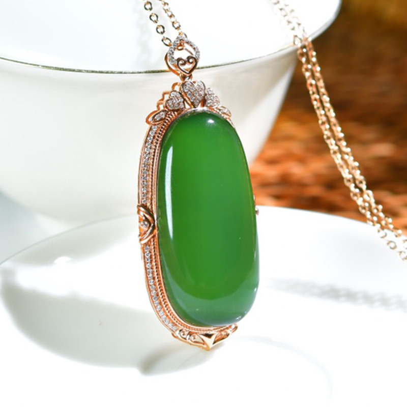 玉石挂件天然新疆和田玉碧玉项链女士款挂坠金镶玉吊坠带证书17g