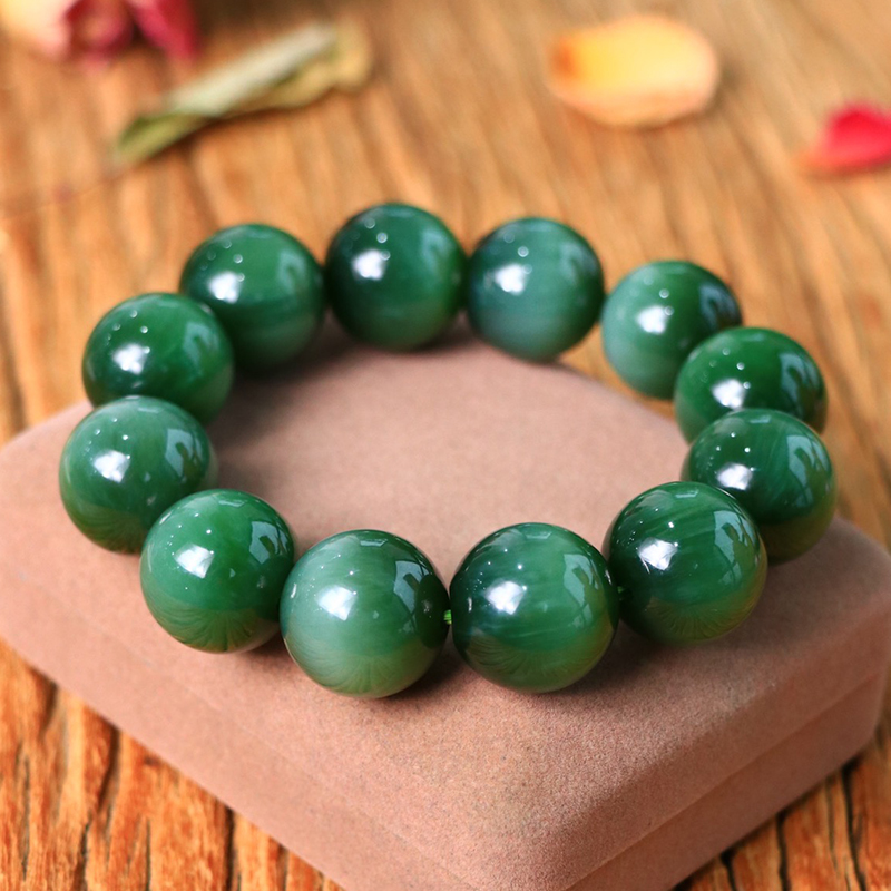 新疆天然和田玉手饰男士款圆珠猫眼碧玉手串念珠玉石单圈手链20mm