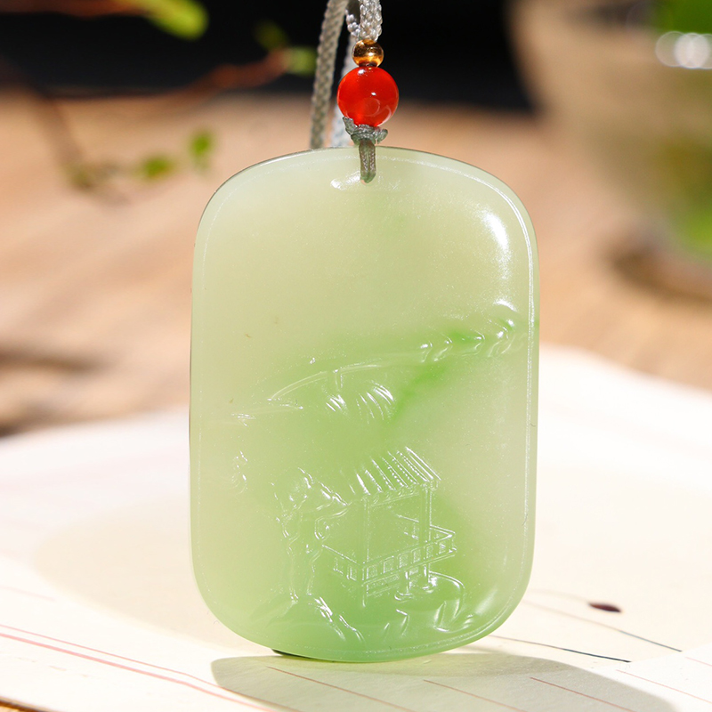 玉赐平安天然翠青料男士吊坠和田玉山水牌女款项链玉石挂件39g