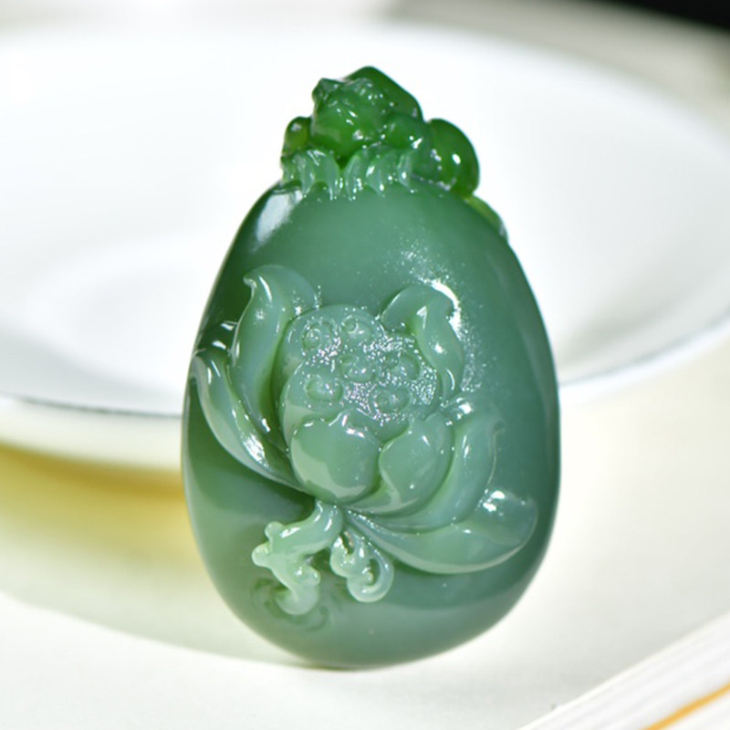 碧玉好运连连男士吊坠天然新疆和田玉女款项链玉石莲花挂件37g